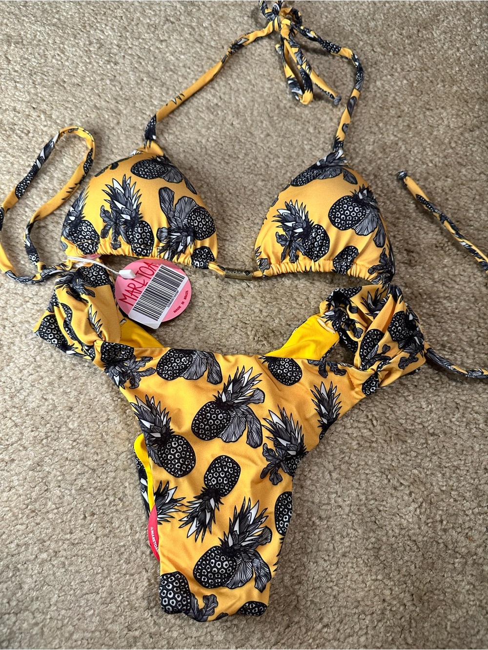 Maretoa Brazilian bikini Yellow Pineapple Print Swimsuit.Top small medium bottom